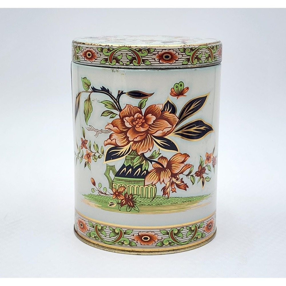 Vintage 1970s Daher Peony Butterfly Tea Tin Canister England Chinoiserie